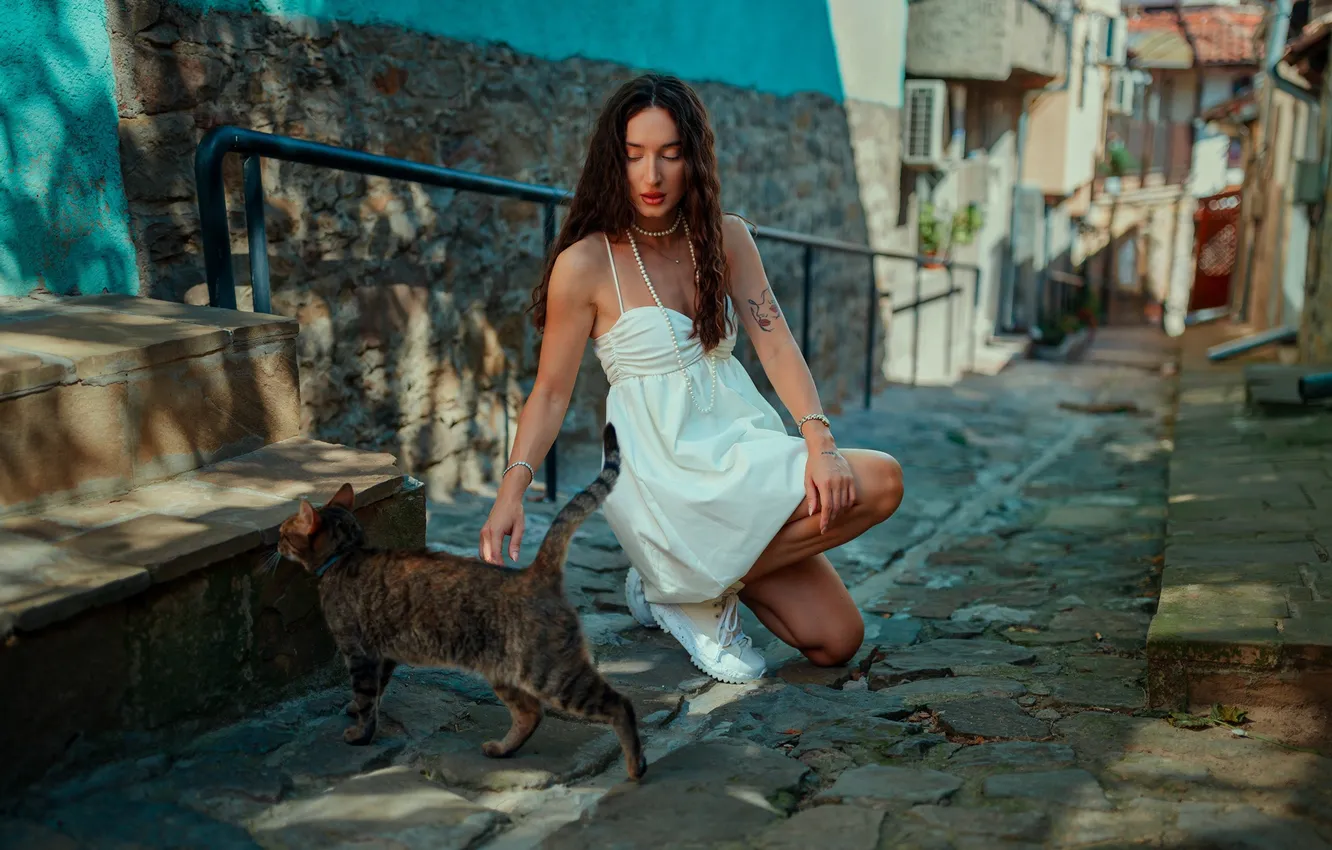 Photo wallpaper cat, girl, pose, tattoo, beads, long hair, sundress, Acts Novels