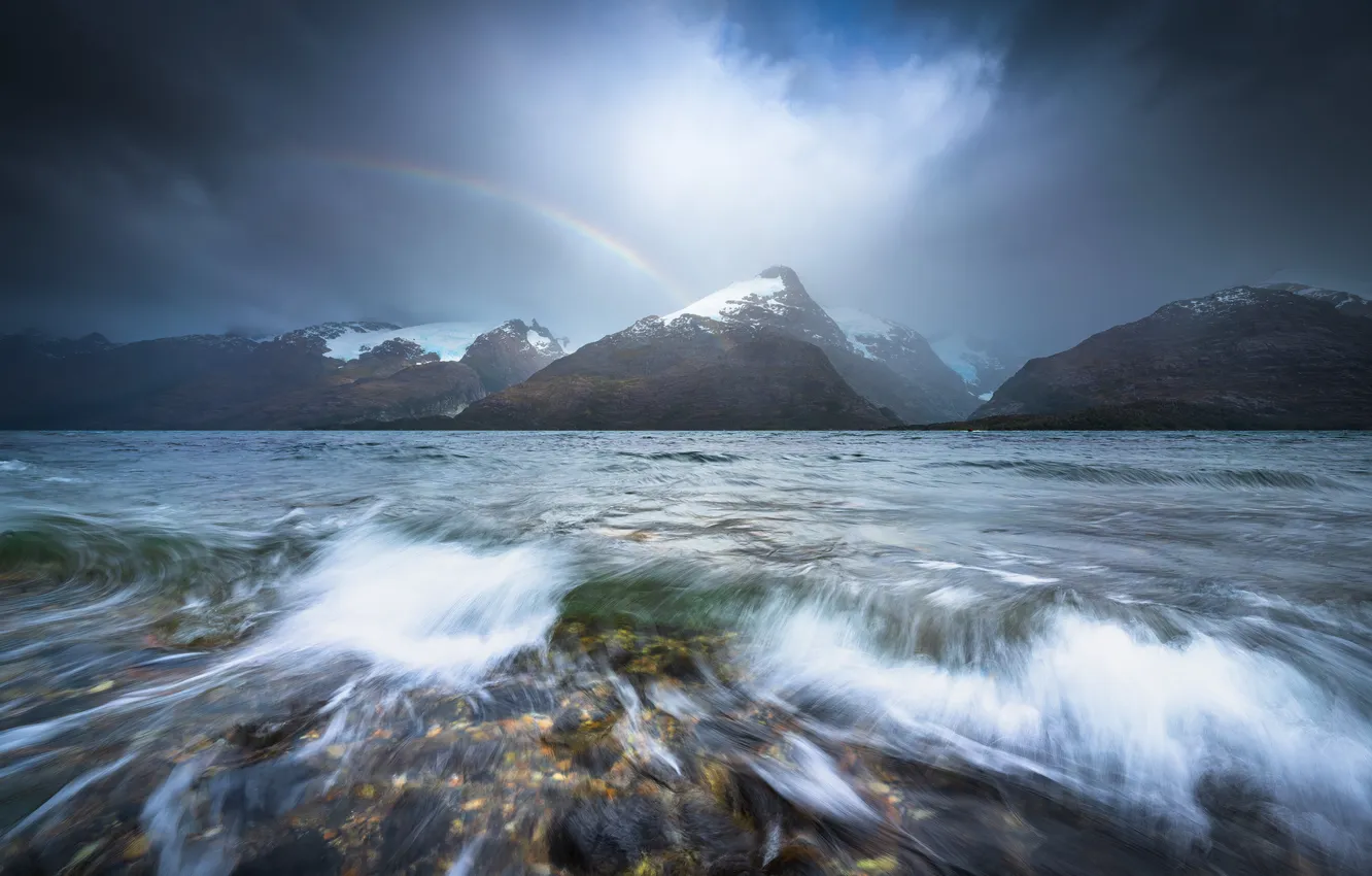 Photo wallpaper sea, wave, clouds, mountains, shore, rainbow