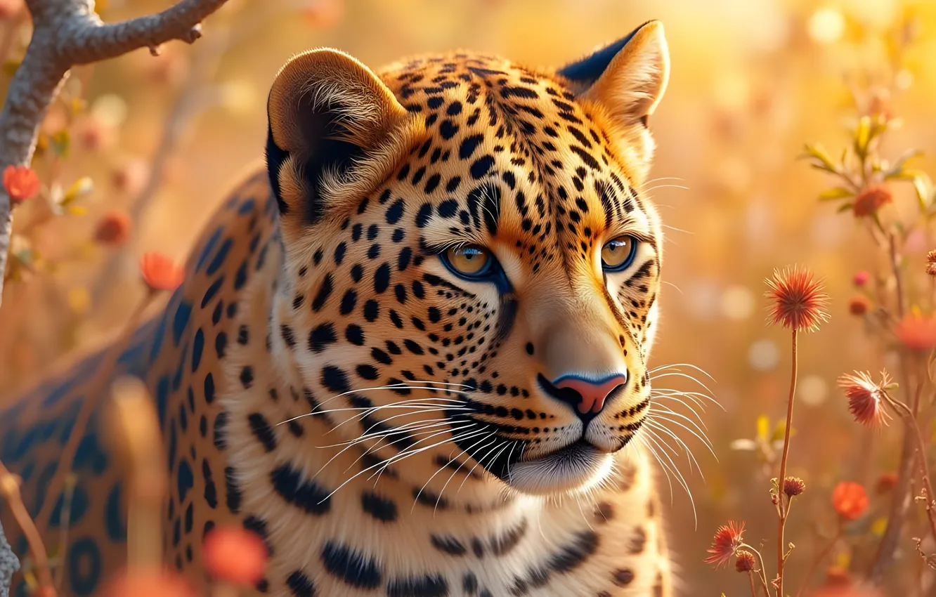 Photo wallpaper look, face, flowers, branches, nature, portrait, leopard, Jaguar