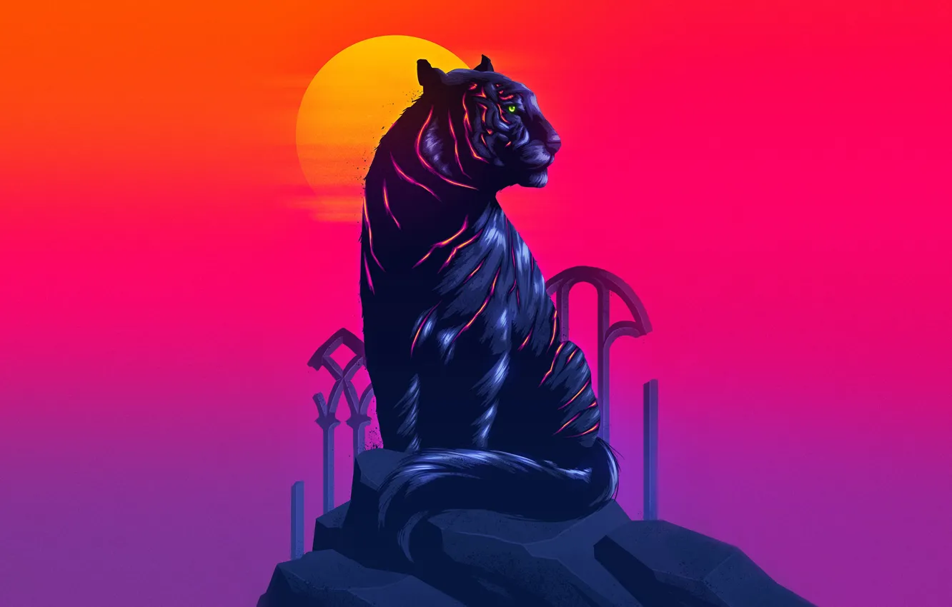 Photo wallpaper The sun, Cat, Tiger, Neon, Animal, James White, Synth, Retrowave
