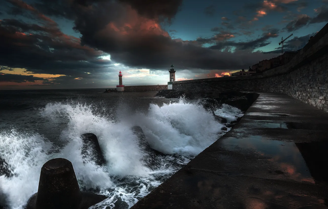 Photo wallpaper sea, wave, the sky, squirt, clouds, shore, lighthouse, the evening