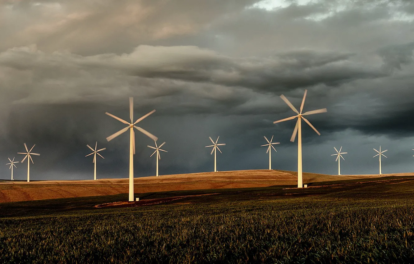 Photo wallpaper clouds, Field, windmills