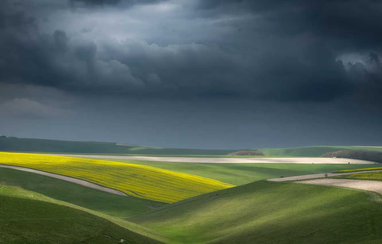 Photo wallpaper field, the sky, light, clouds, green, hills, view, dal