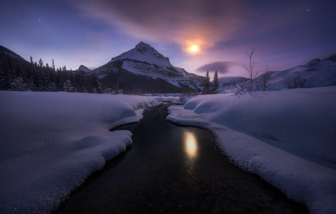 Photo wallpaper the sky, snow, mountains, nature, stream, beauty, the evening
