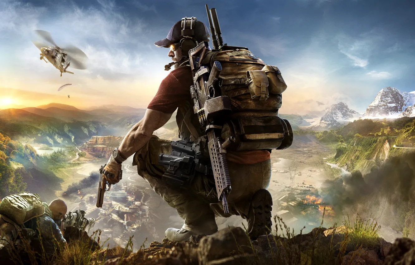 Photo wallpaper Sunset, The sky, Clouds, Mountains, Smoke, Weapons, Ubisoft, Ghost
