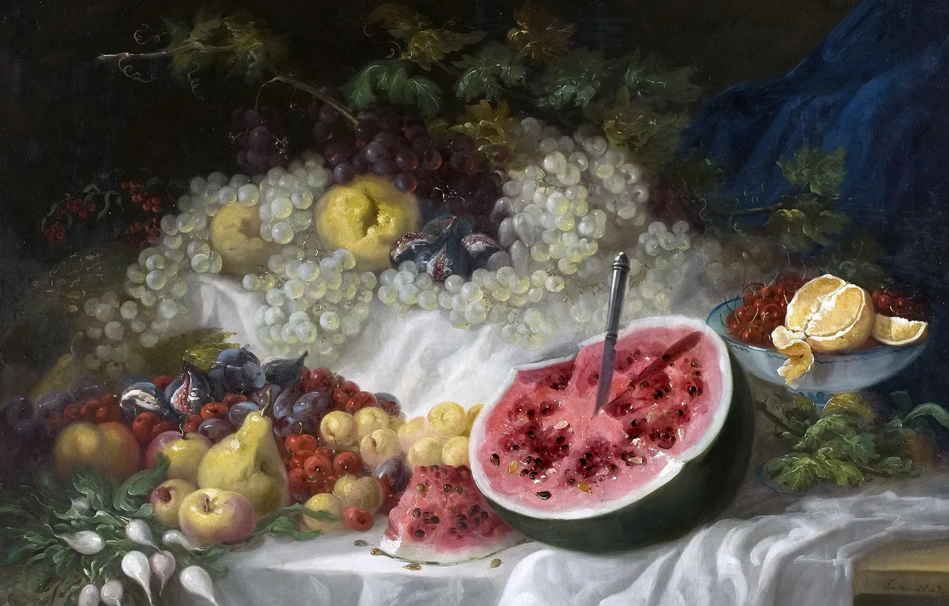 Photo wallpaper berries, picture, watermelon, fruit, still life, Eugenio Lucas Velázquez
