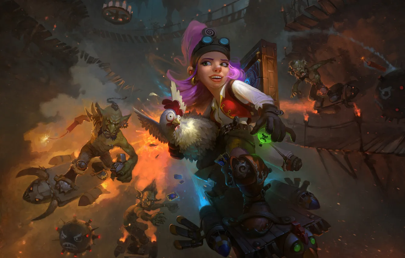Photo wallpaper chase, chicken, dwarf, Goblin, warcraft, Hearthstone, Goblins vs Gnomes, Hearthstone: Heroes of Warcraft