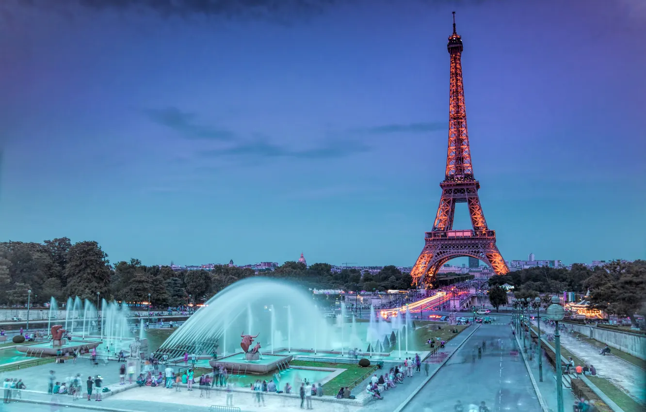 Photo wallpaper the sky, Paris, tower, the evening, fountain
