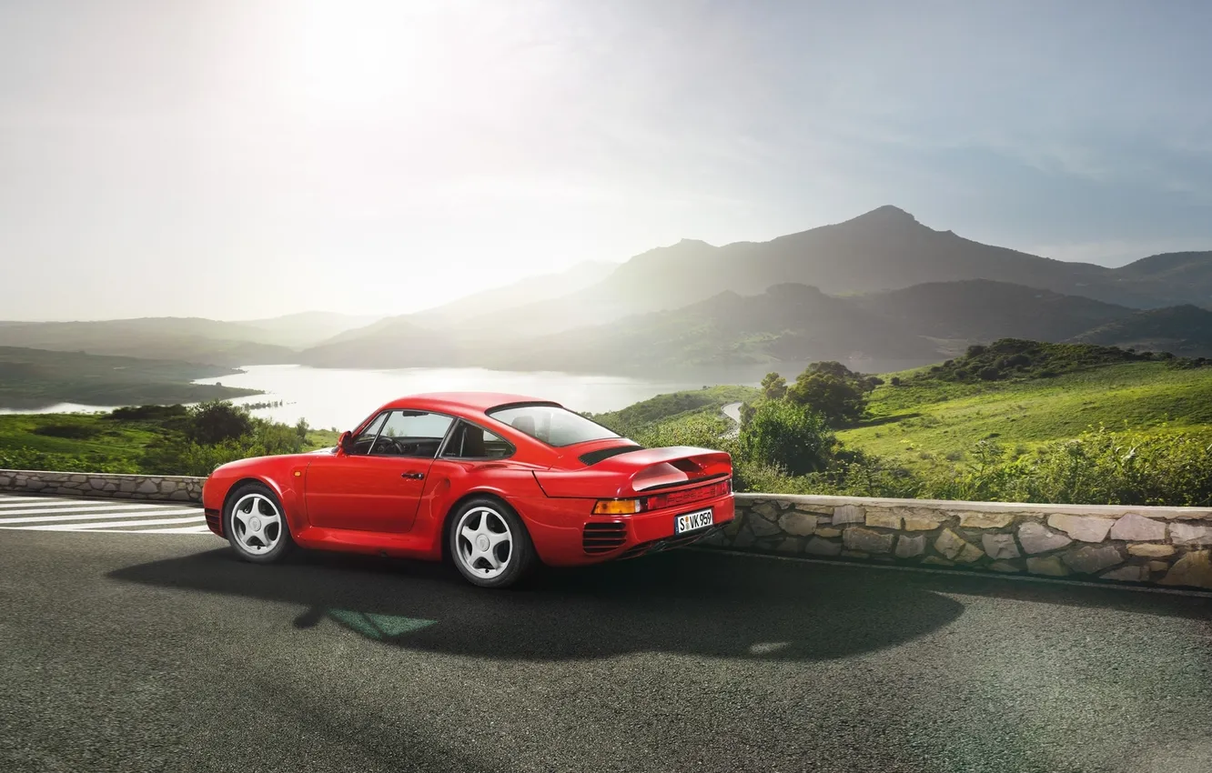 Photo wallpaper the sky, mountains, red, Porsche, supercar, Porsche, rear view, 1987