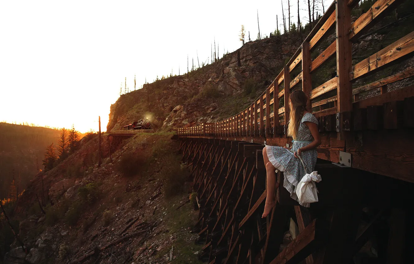 Photo wallpaper girl, bridge, train