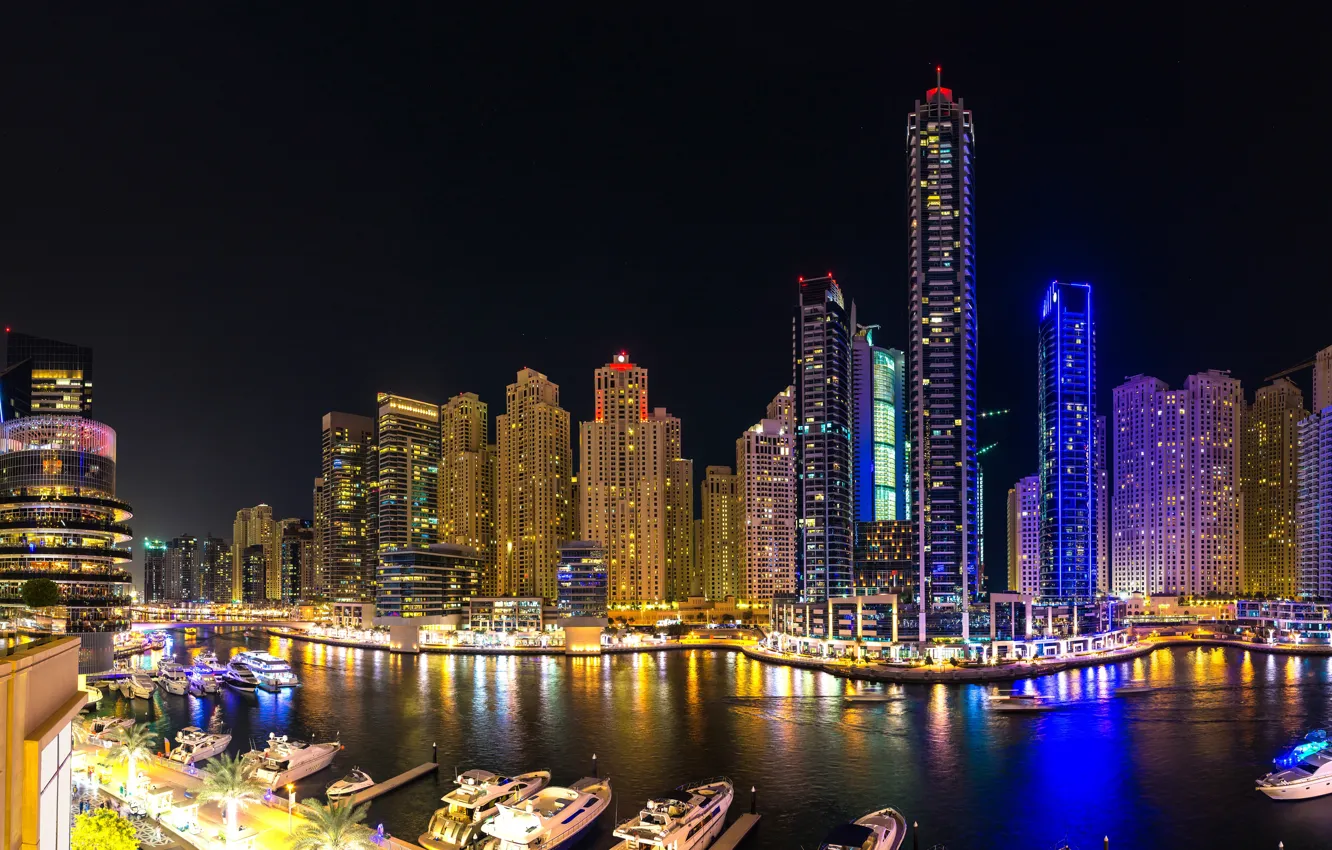 Photo wallpaper river, night lights, skyscraper, Night, The city, Dubai