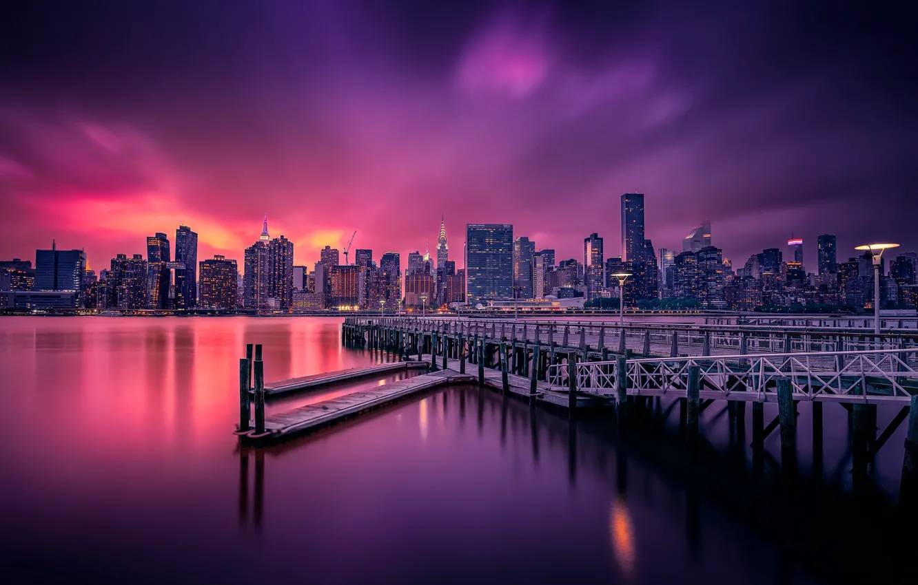 Photo wallpaper night, the city, lights, surface, USA, New York