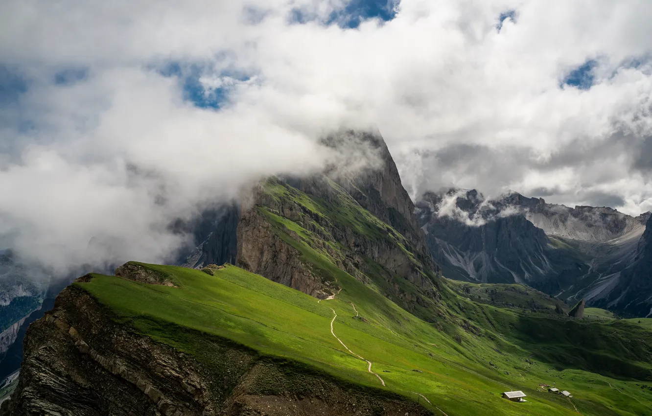 Photo wallpaper clouds, mountains, fog, open, rocks, the slopes, height, Alps