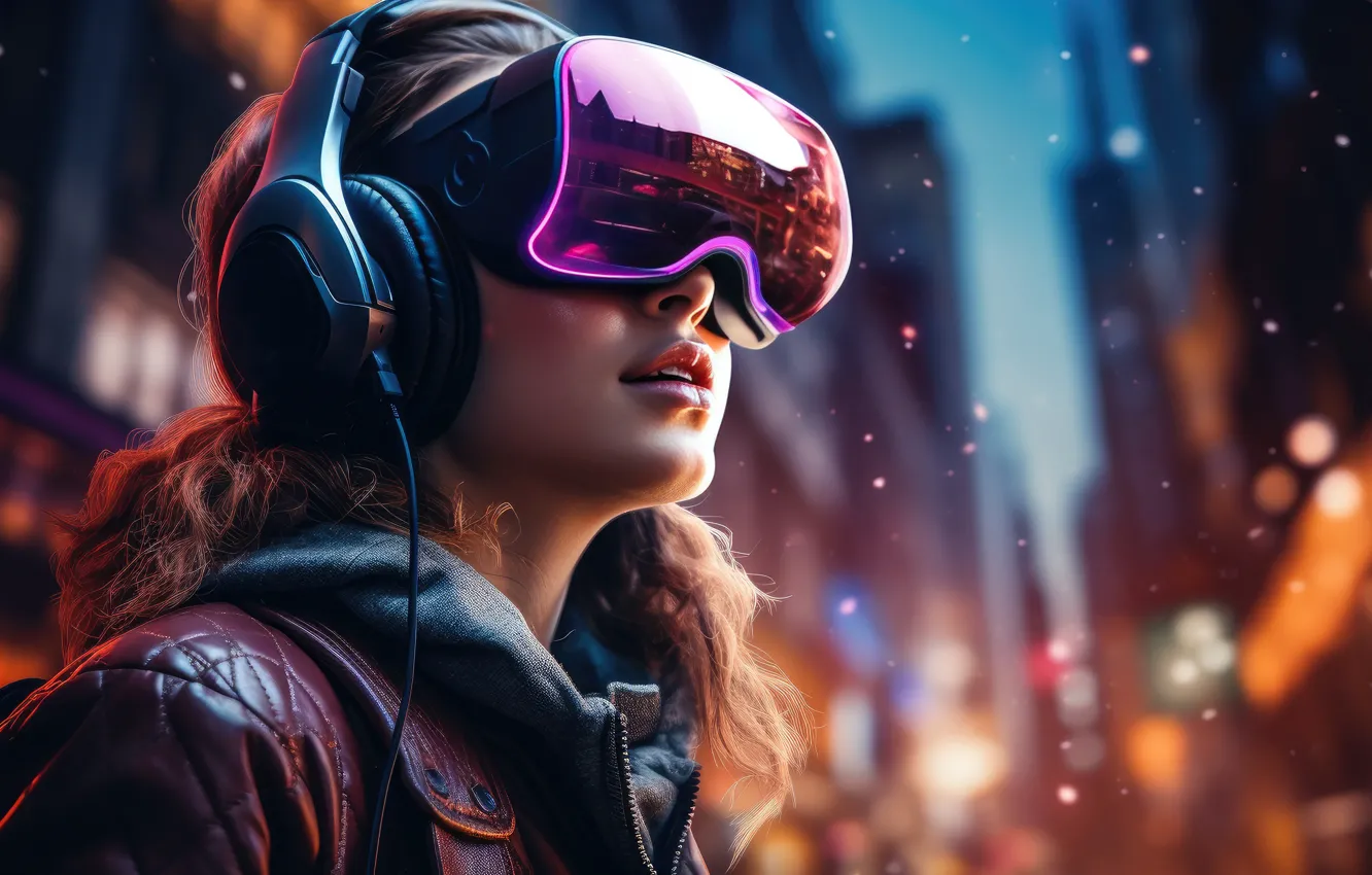 Photo wallpaper girl, night, face, the city, headphones, bokeh, information technology, Virtual reality glasses
