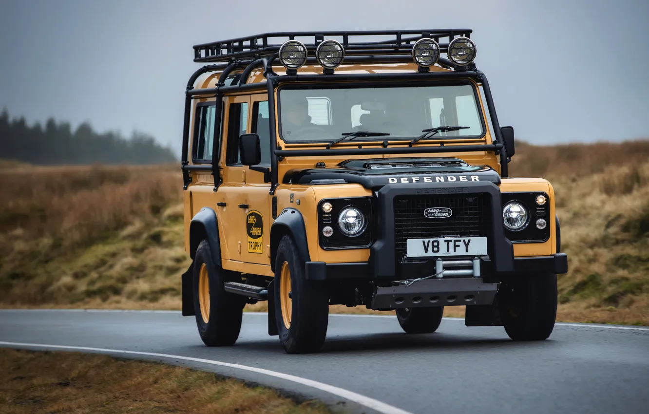 Photo wallpaper SUV, Land Rover, Defender, V8, 5.0 L., 2021, yellow-black, Works V8 Trophy