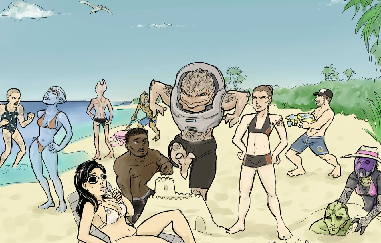 Photo wallpaper sand, sea, castle, stay, vacation, team, sea, Mass Effect
