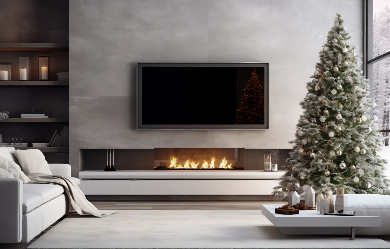 Photo wallpaper lights, comfort, heat, room, flame, furniture, new year, home