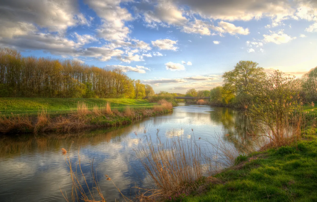 Photo wallpaper the sky, clouds, river, spring, Germany, Ostwestfalen, Wages