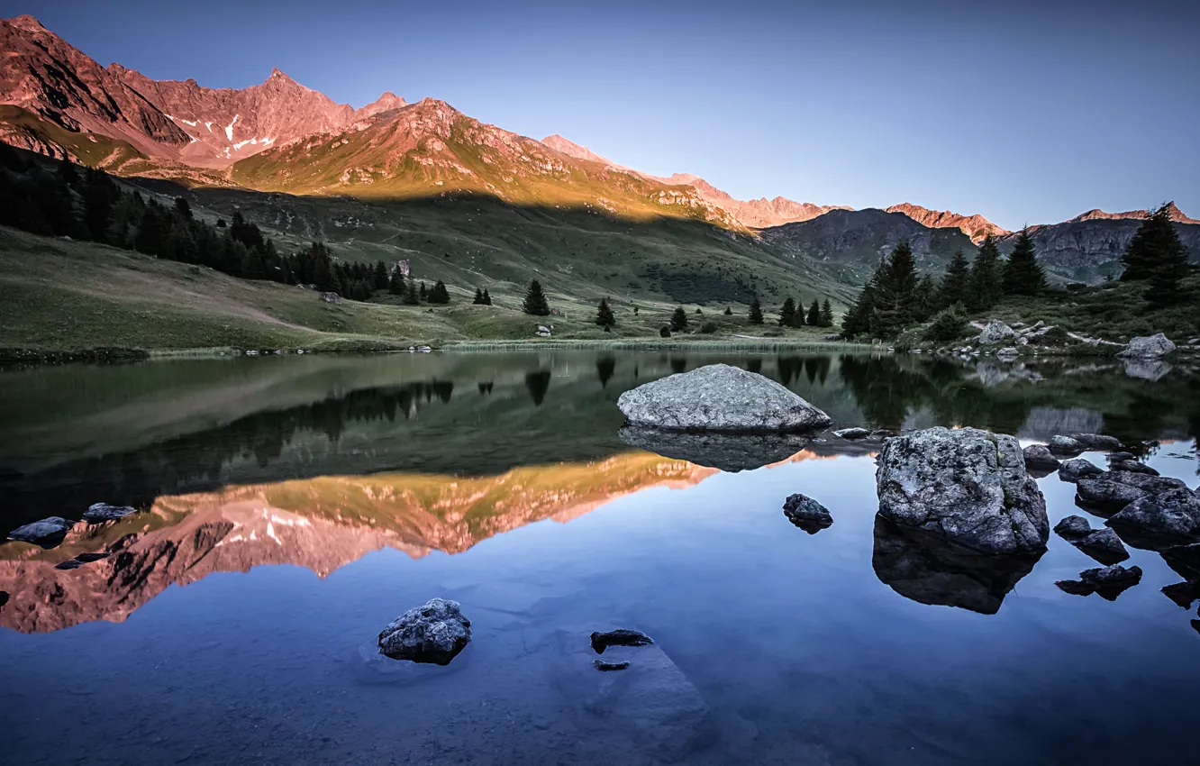 Photo wallpaper mountains, lake, stones