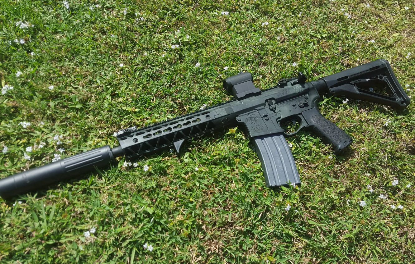 Photo wallpaper grass, weapons, carabiner, assault rifle