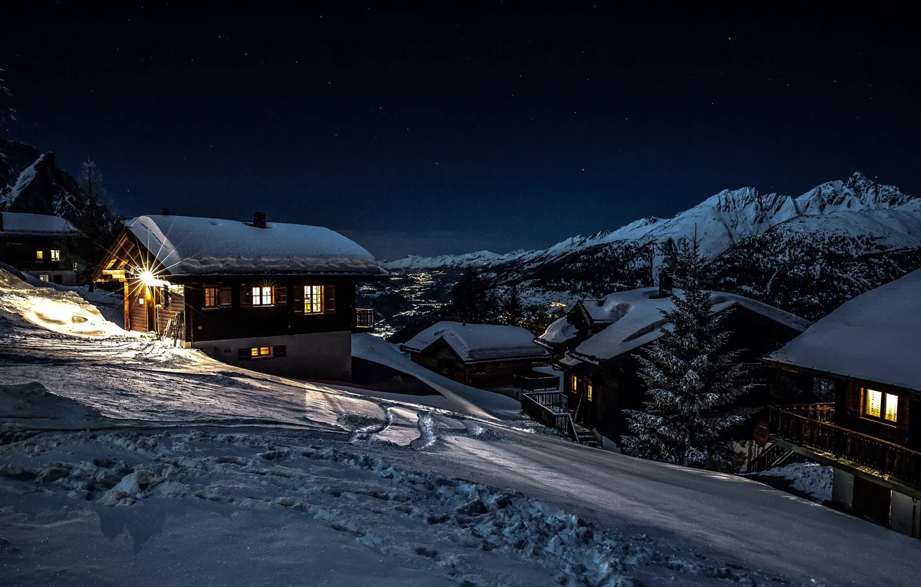 Photo wallpaper winter, snow, landscape, mountains, night, nature, village, home