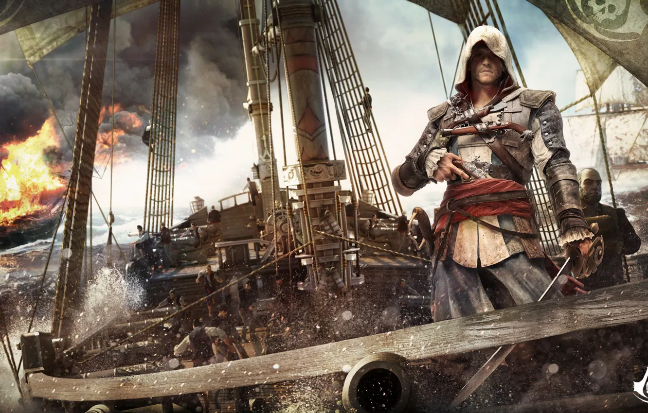 Photo wallpaper the ocean, ship, pirate, assassin, Assassin's Creed 4 - Black Flag