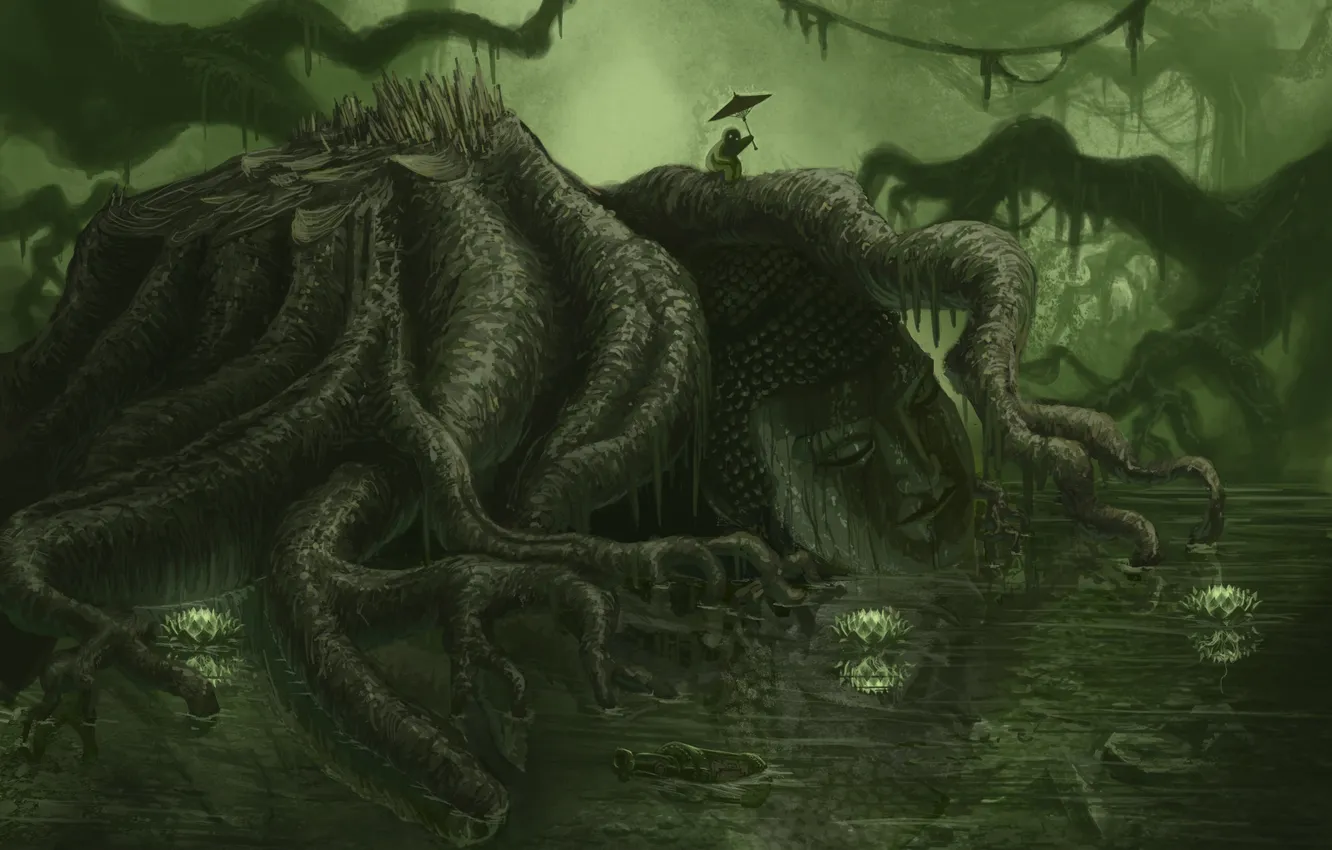 Photo wallpaper forest, water, trees, roots, pond, Lily, bottle, being