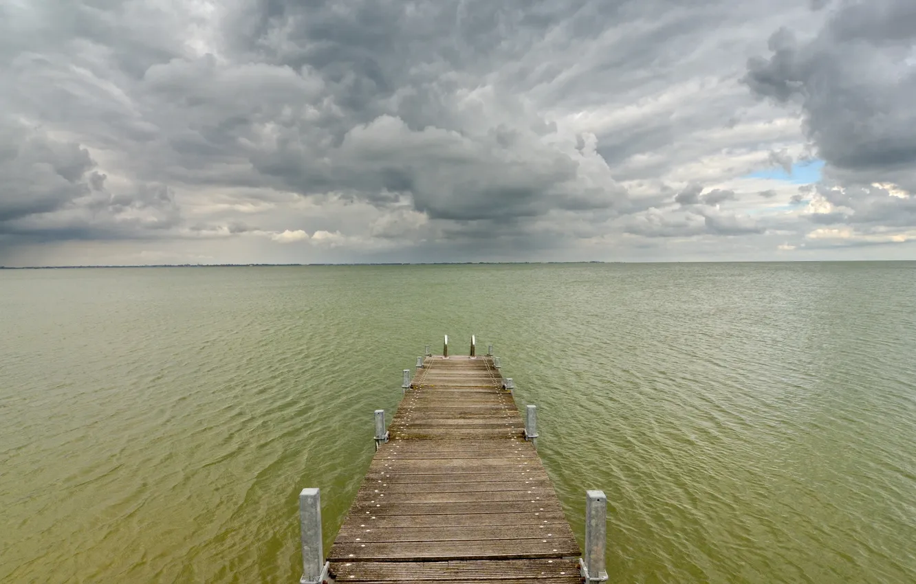 Photo wallpaper sea, the sky, clouds, bridge, grey, green