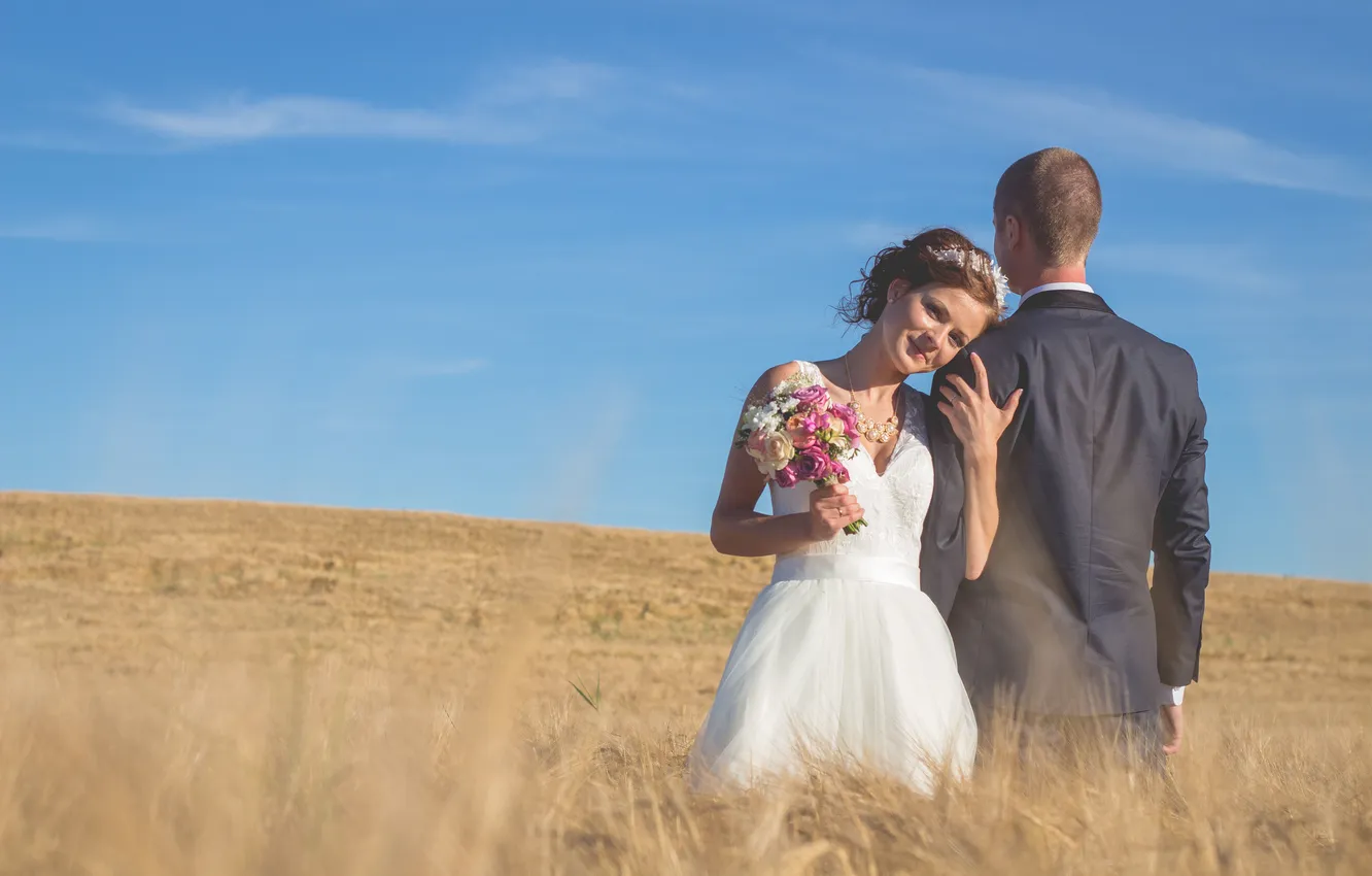 Photo wallpaper wheat, field, the sky, clouds, smile, woman, bouquet, crown