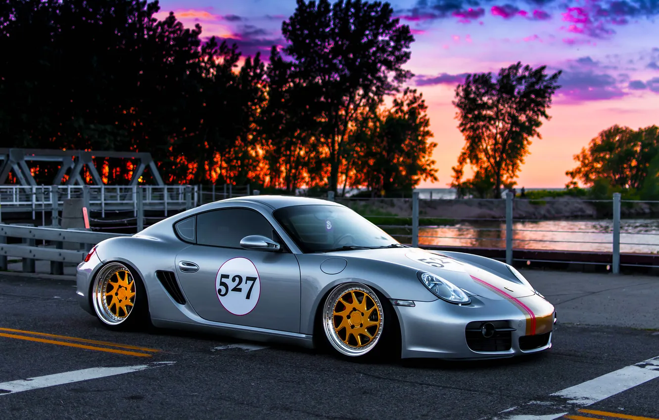 Photo wallpaper car, Porsche, Cayman, Front, sunset, Sport, number, stance