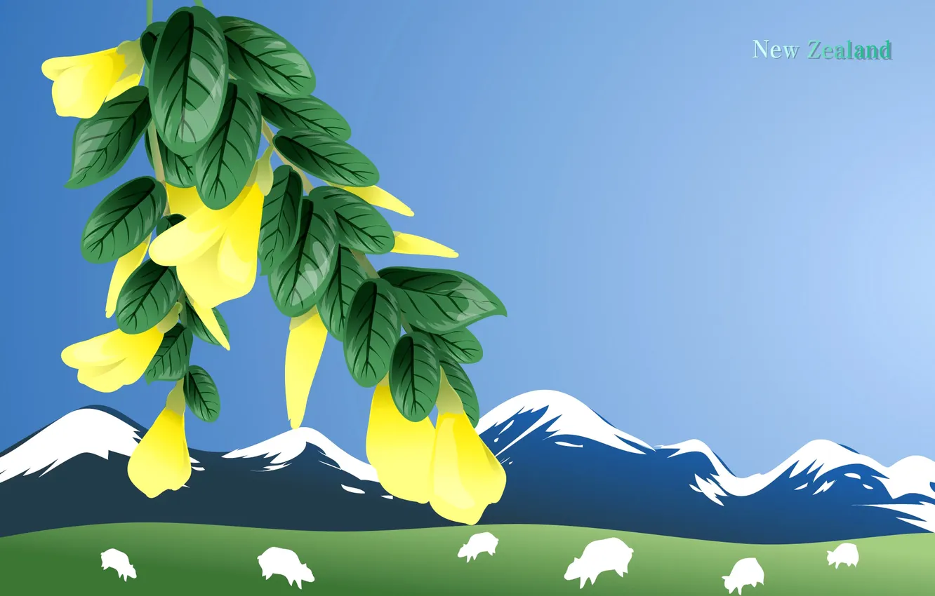 Photo wallpaper landscape, mountains, branches, sheep, New Zealand, journey, tourism, New Zealand