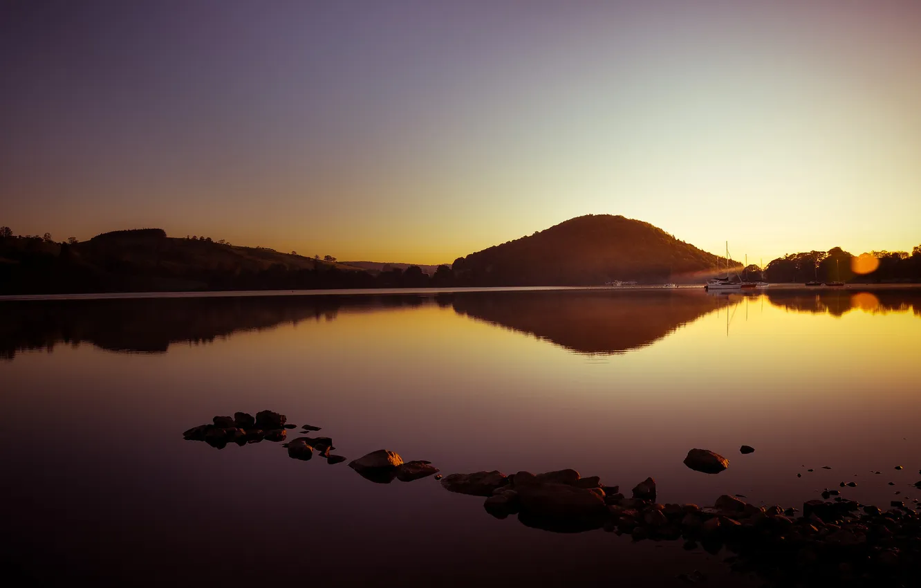 Photo wallpaper water, sunset, mountains, lake, surface