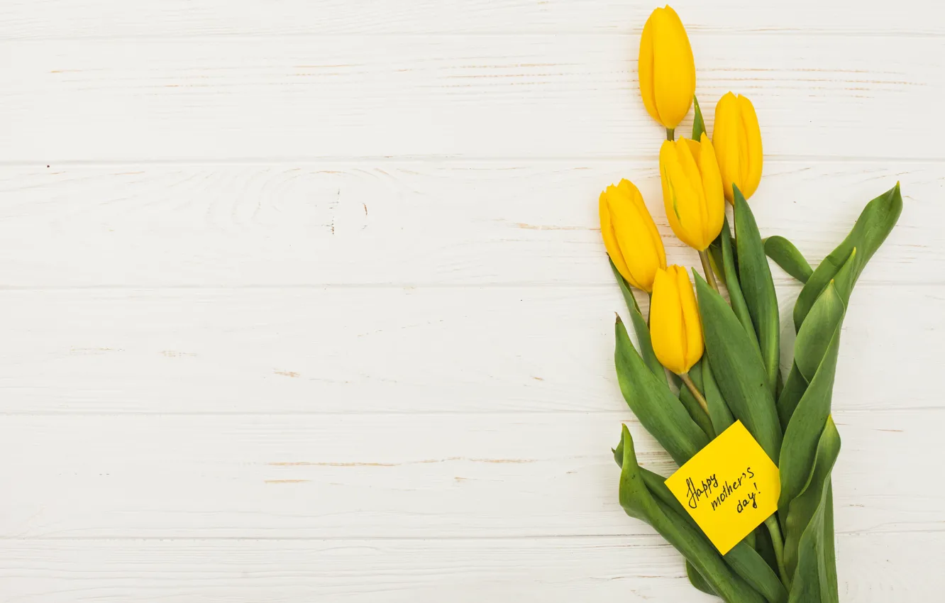 Photo wallpaper white, background, bouquet, yellow, tulips, wood
