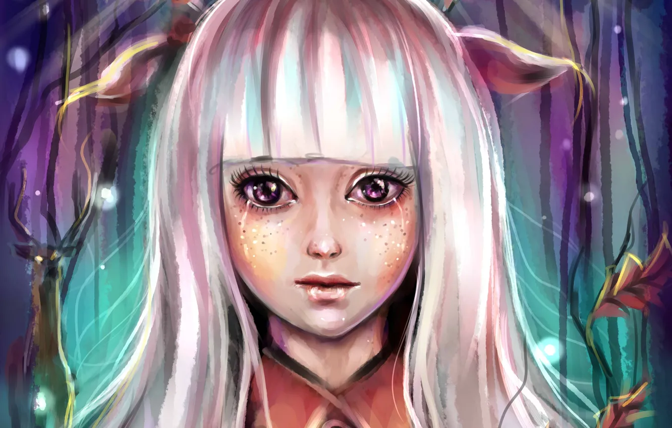 Photo wallpaper branches, face, hair, tears, art, girl