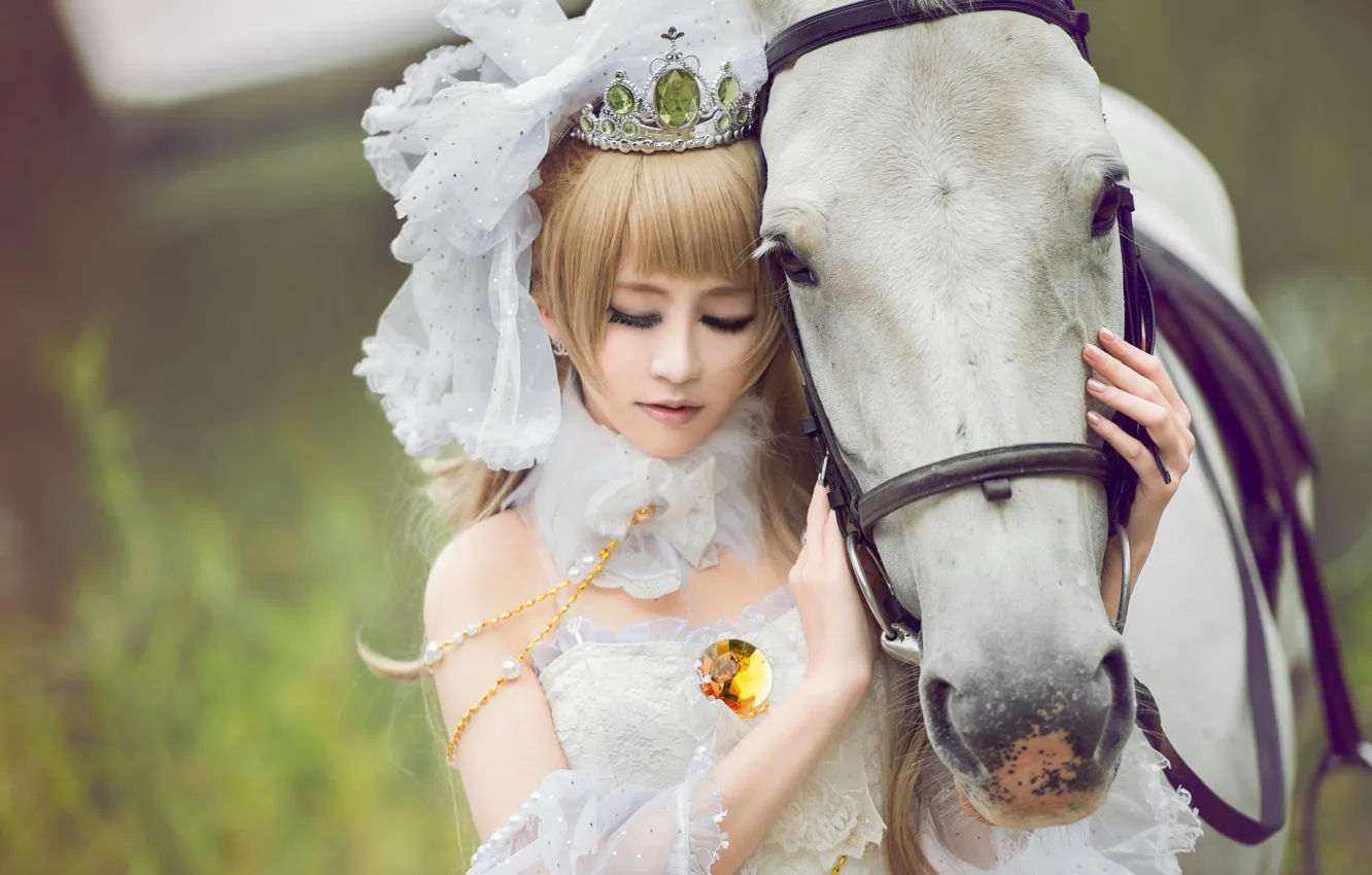 Photo wallpaper girl, horse, horse, Asian