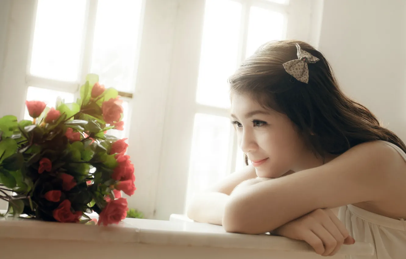 Photo wallpaper girl, flowers, mood