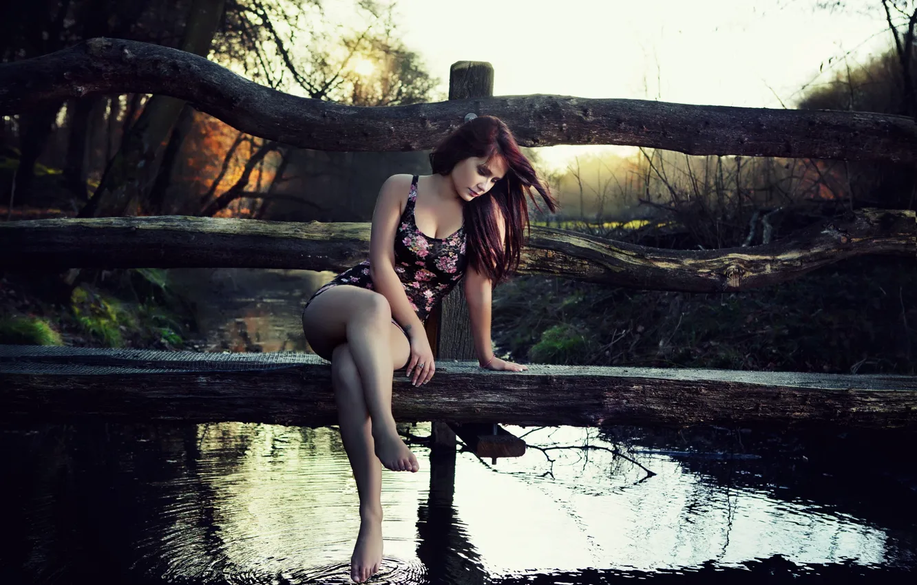 Photo wallpaper girl, nature, wooden, the bridge, pond