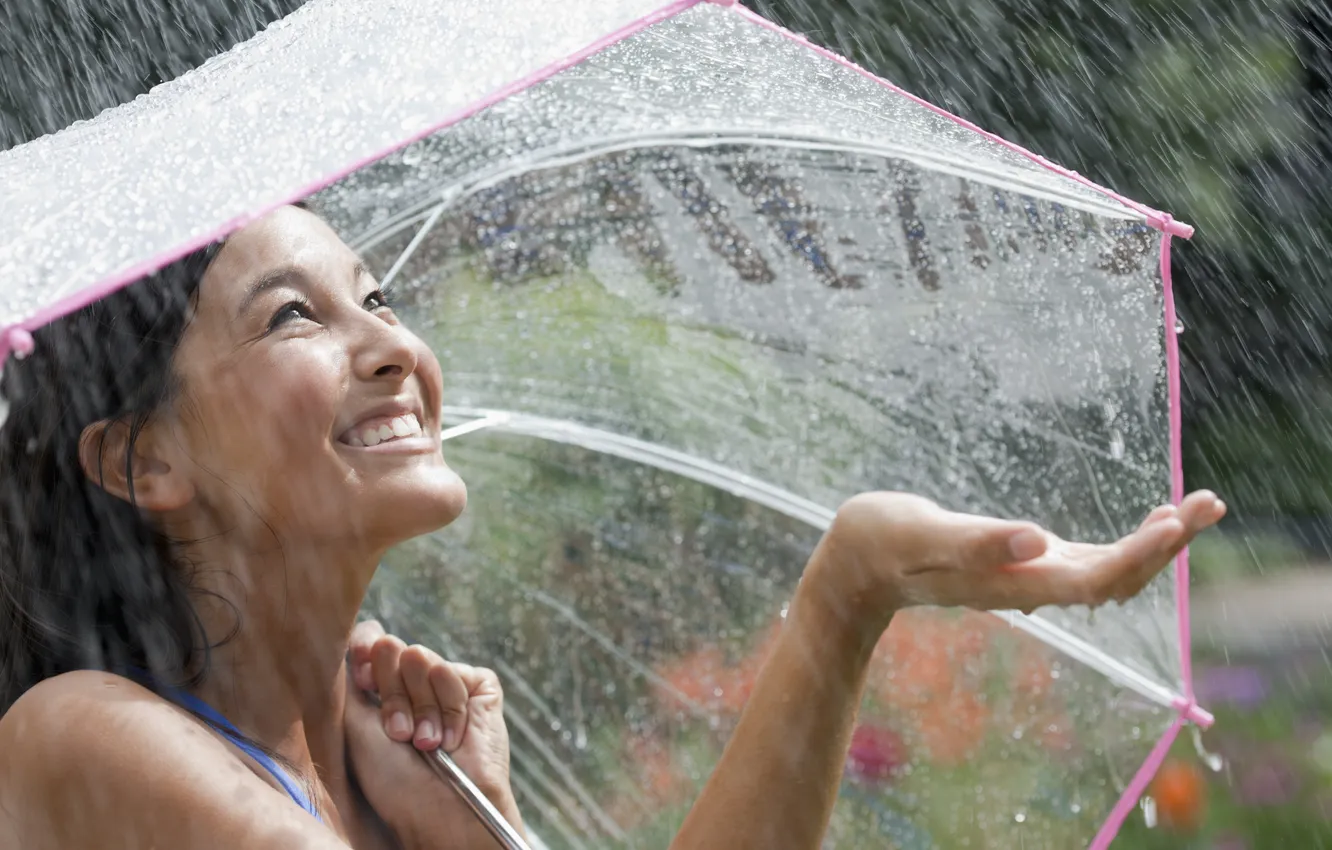 Photo wallpaper girl, joy, rain, umbrella