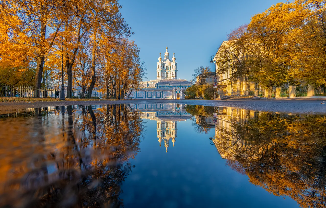 Photo wallpaper autumn, trees, reflection, puddle, Saint Petersburg, temple, Russia, Smolny Cathedral