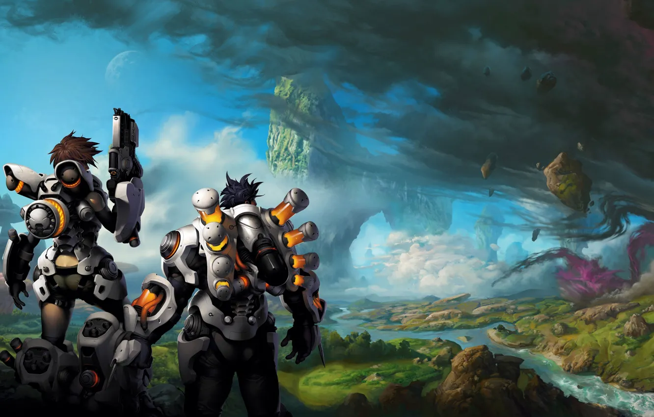 Photo wallpaper fire, battlefield, flame, girl, gun, rock, game, robot