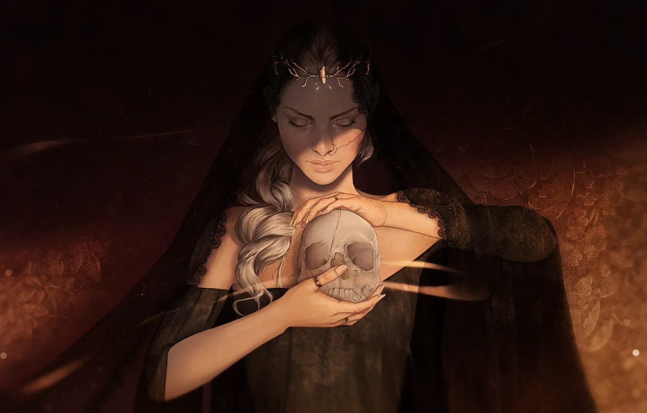 Photo wallpaper girl, face, skull, hands, art, sake, girl, wreath