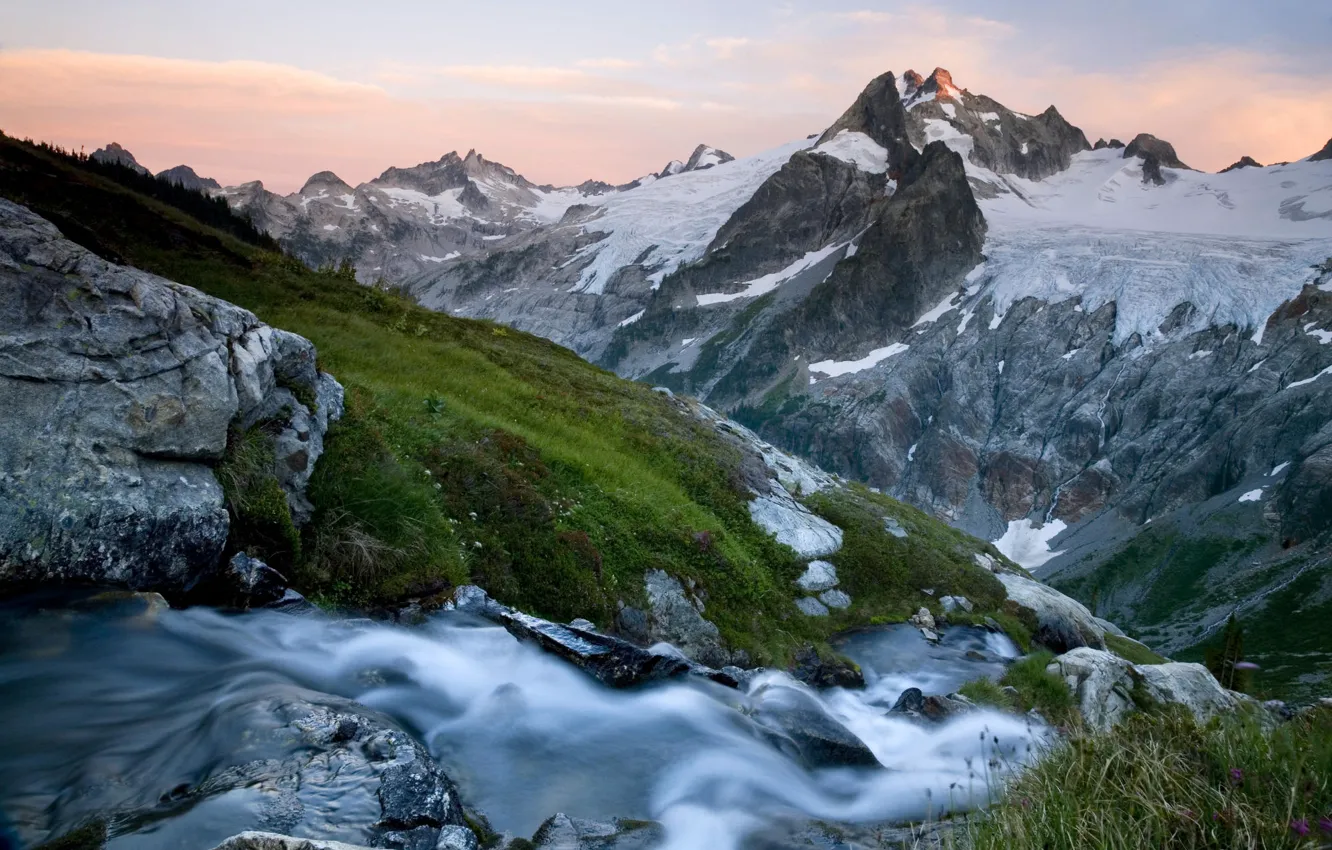 Photo wallpaper stream, Mountains, weed, Glacier Peak Wilderness