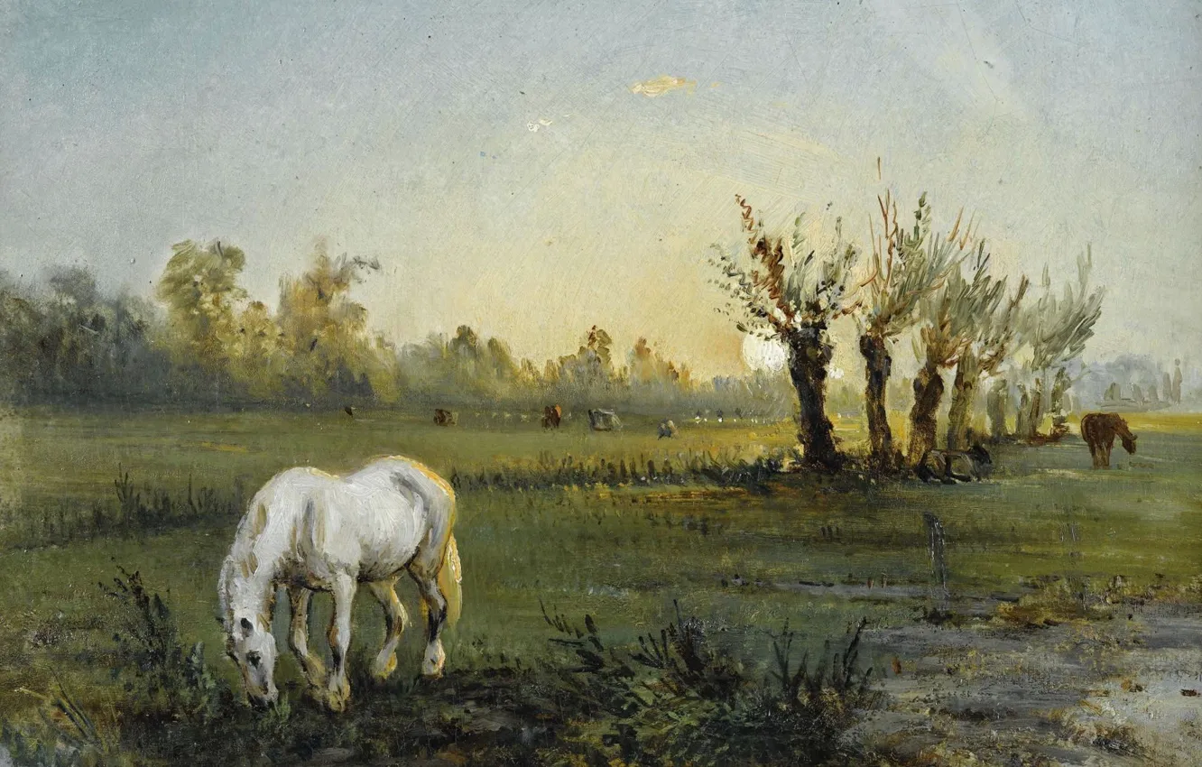 Photo wallpaper landscape, picture, Camille Pissarro, Camille Pissarro, White horse on the Meadow