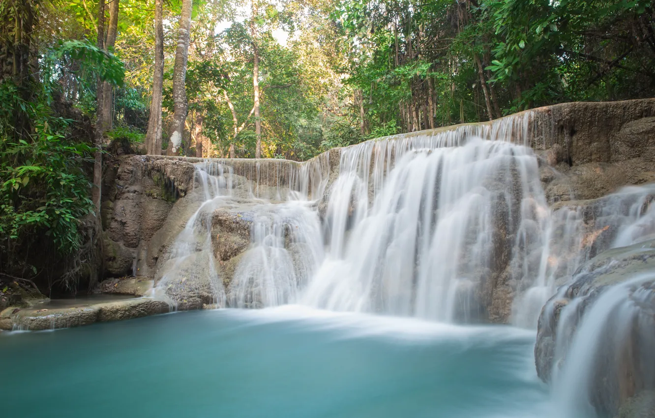 Photo wallpaper forest, landscape, river, rocks, waterfall, summer, forest, tropical