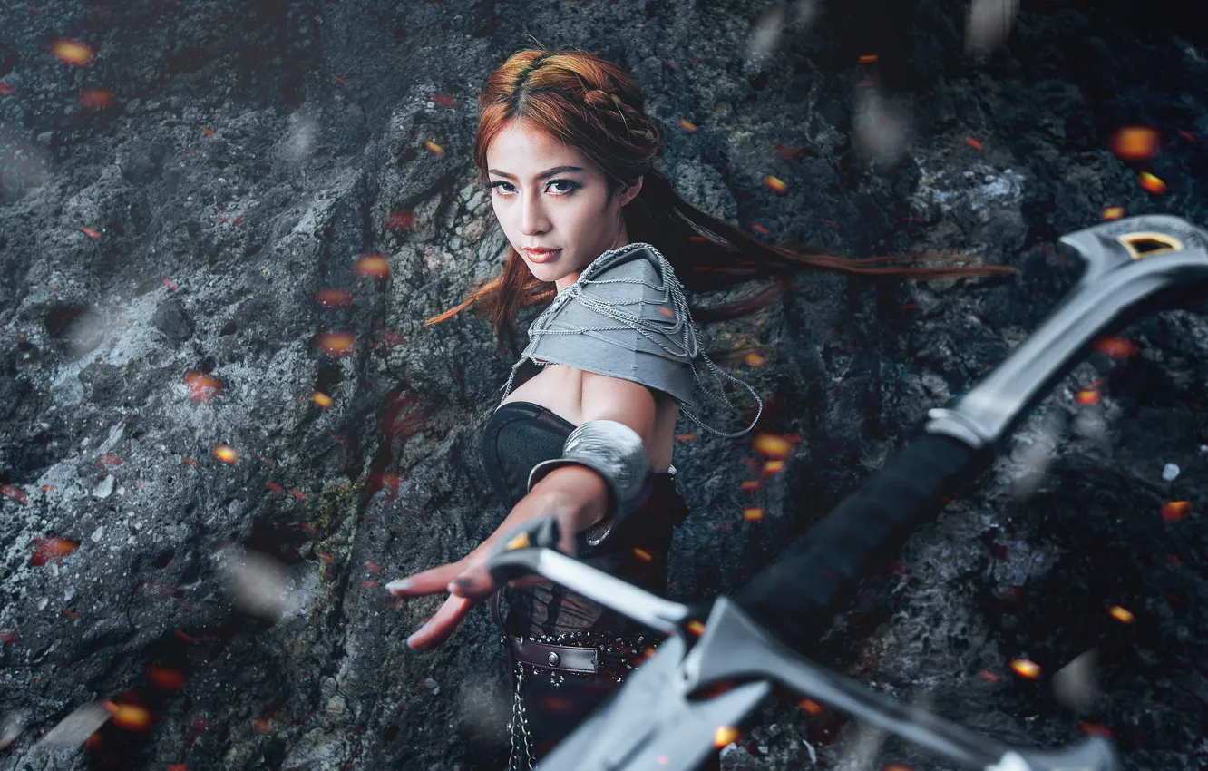 Photo wallpaper girl, weapons, sword