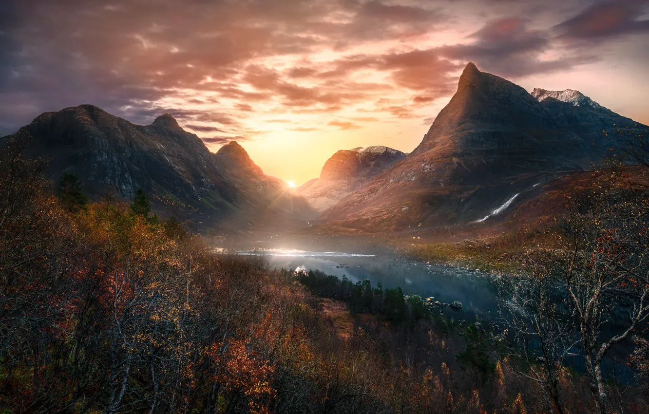Photo wallpaper autumn, the sun, light, mountains, Norway, the fjord