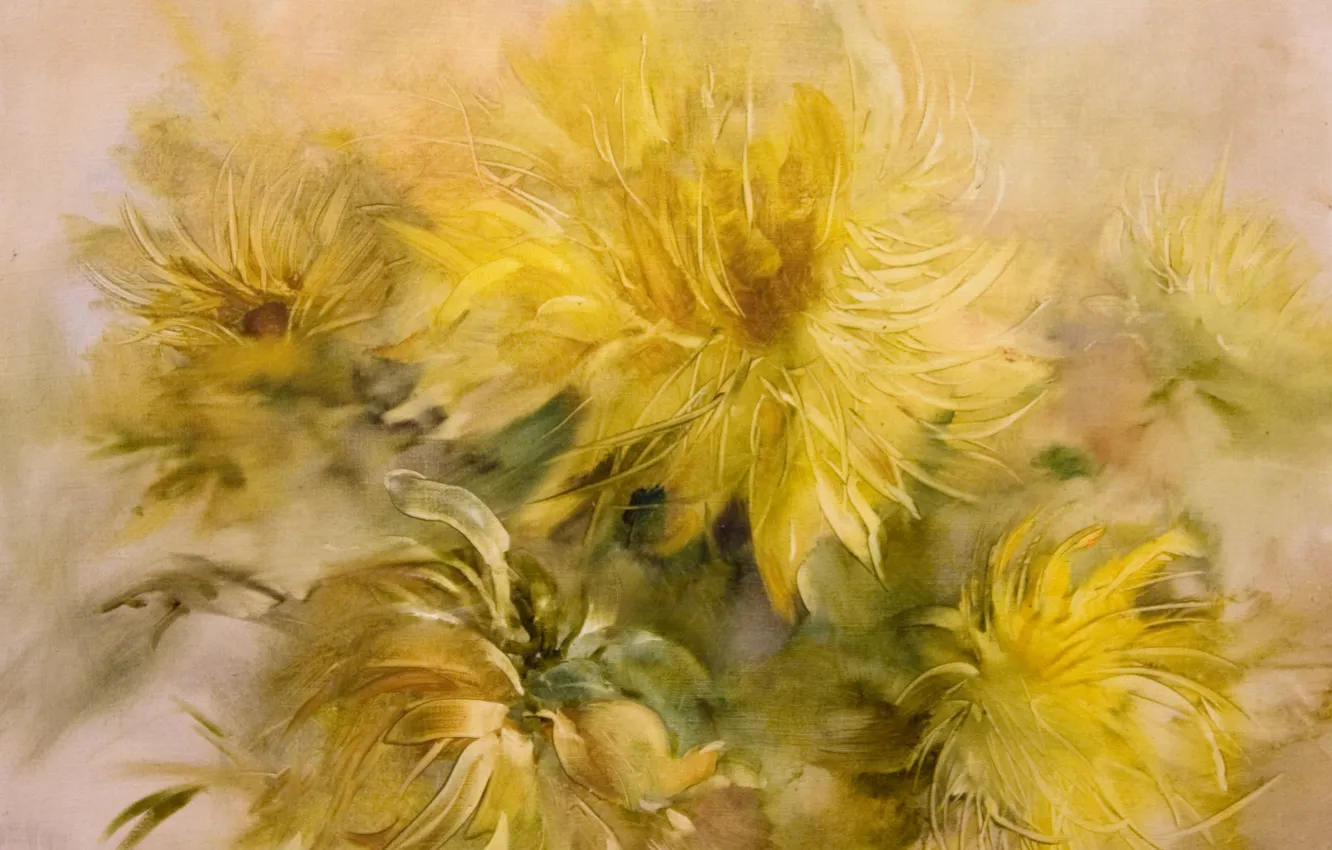 Photo wallpaper dandelions, Still life, yellow flowers, Sfumato, gift painting, Petrenko Svetlana