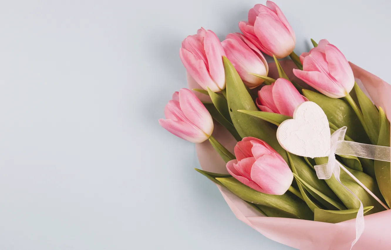 Photo wallpaper flowers, heart, bouquet, tulips, love, pink, fresh, heart