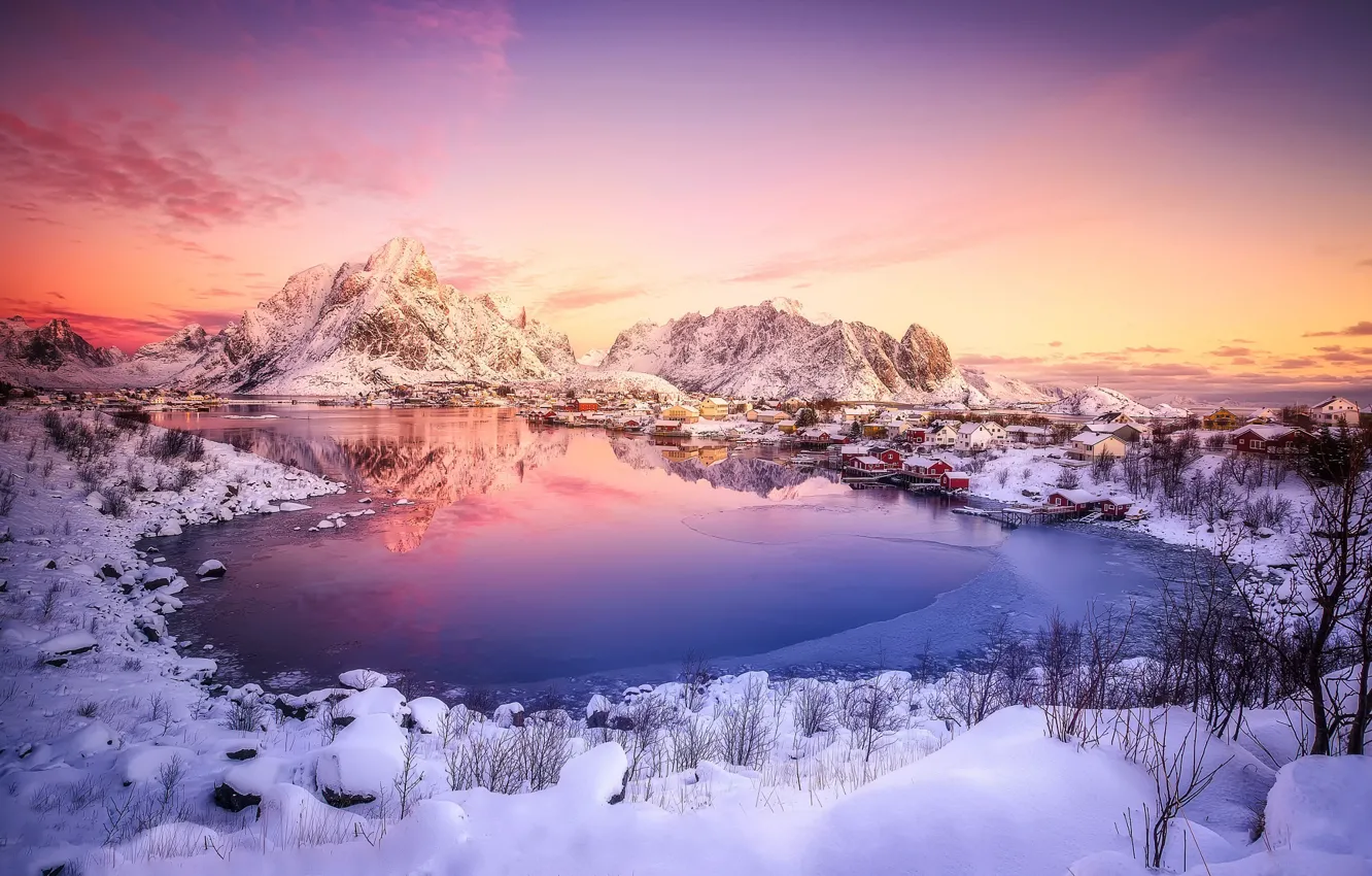 Photo wallpaper winter, snow, Norway, town, North, settlement, .