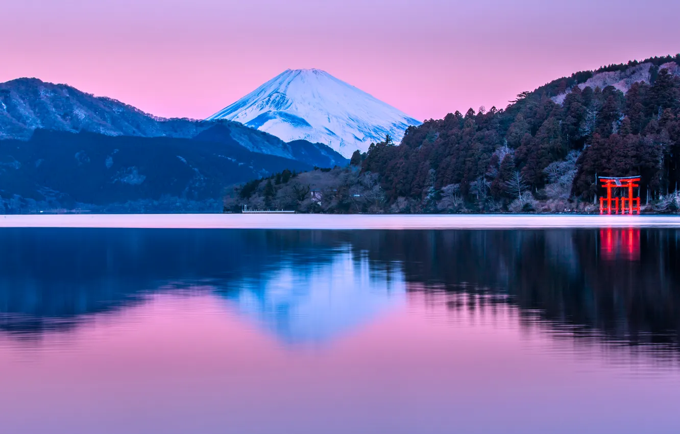Photo wallpaper forest, Mount Fuji, sky, landscape, nature, water, mountains, lake